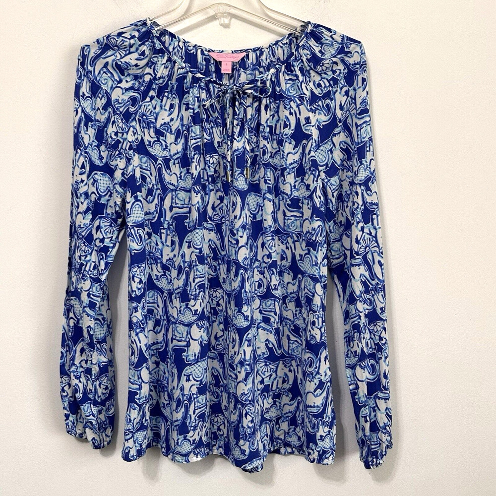 Lilly Pulitzer Blouse S Willa Tunic Top Long Sleeves Get Trunky Elephant‎ Blue